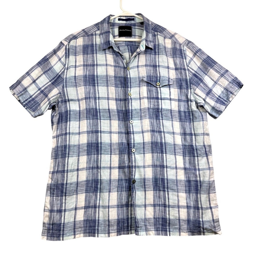 Tommy Bahama Linen Shirt Mens L Blue White Plaid Short Sleeve Button Up